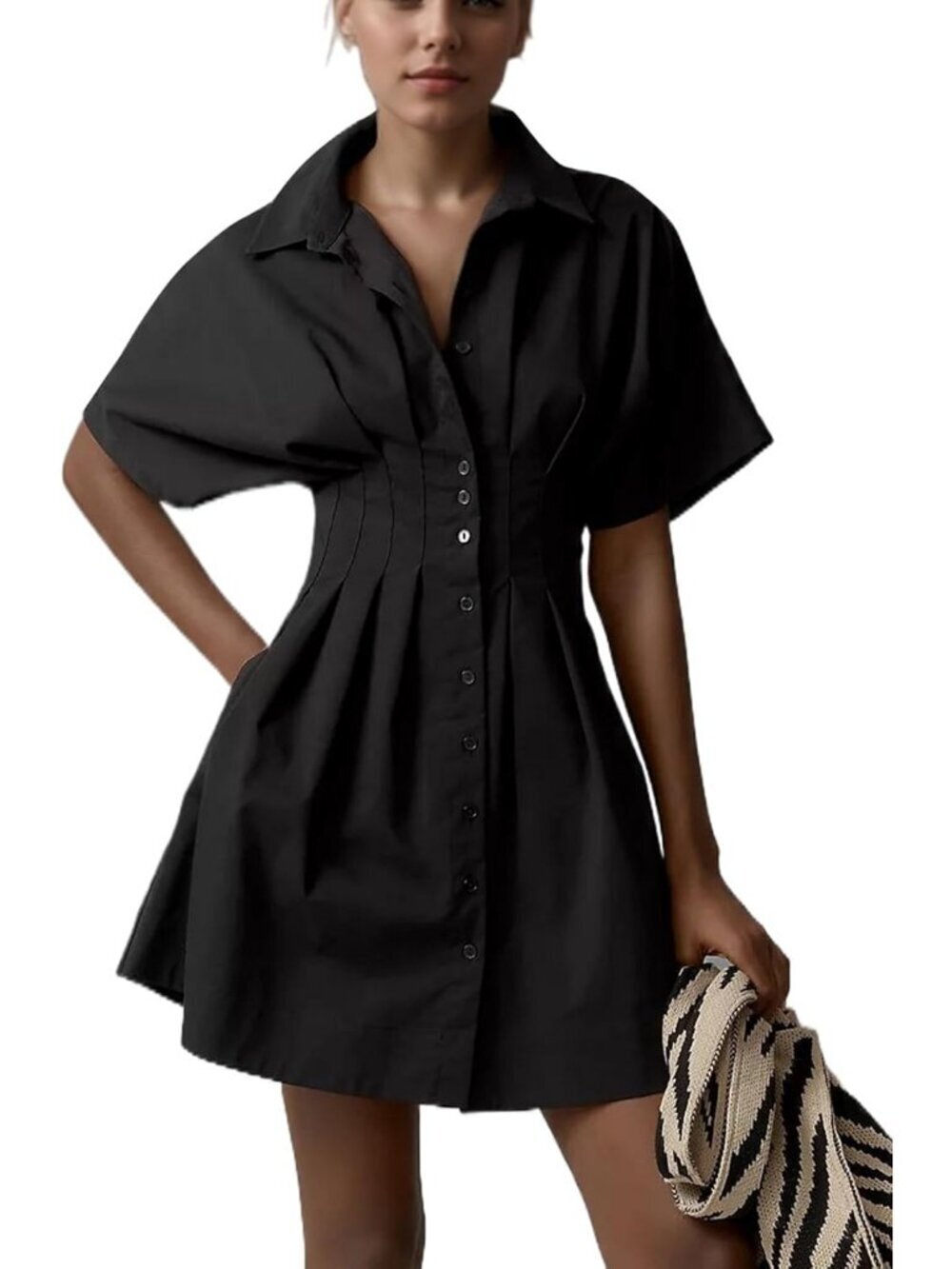 Women's Black Button Down Pleated Shirt Striped Short Sleeve Casual Mini Dress